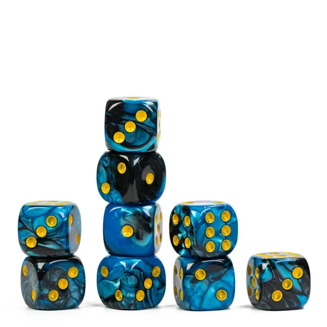 Black and Blue with Gold Pips - 12mm Color Blend Glitter Pip D6 Dice (36pcs)