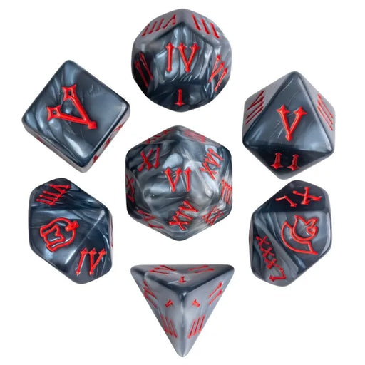 Bloodied Steel - Roman Numeral Acrylic Marbled RPG Dice Set - Udixi Dice