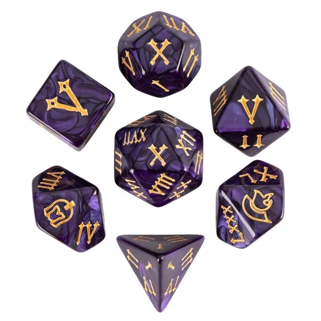 Gilded Violet - Roman Numeral Acrylic Marbled RPG Dice Set