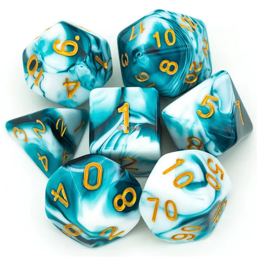 Teal/White Colour Mix Dice - Udixi RPG Acrylic Dice Set - Udixi Dice