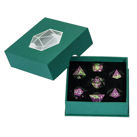 Purple/Green Anodized Aluminum Dice - Udixi RPG Metal Dice Set