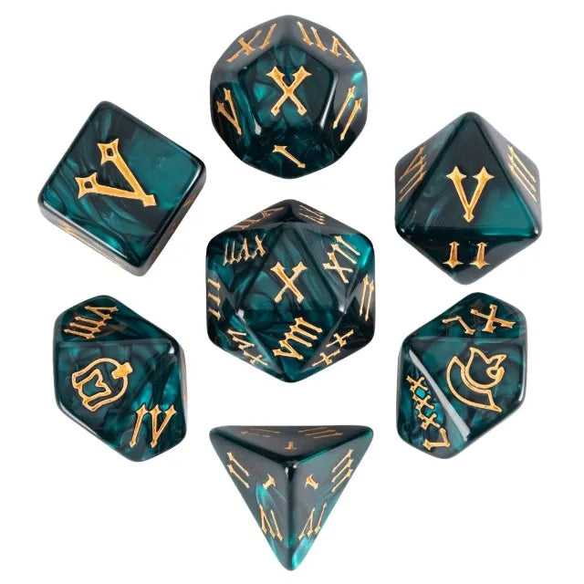 Gilded Jade - Roman Numeral Acrylic Marbled RPG Dice Set