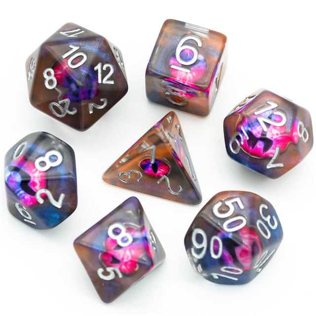 Orange Red and Blue Demon Eye - UDIXI Entombed Poly Dice set - Udixi Dice