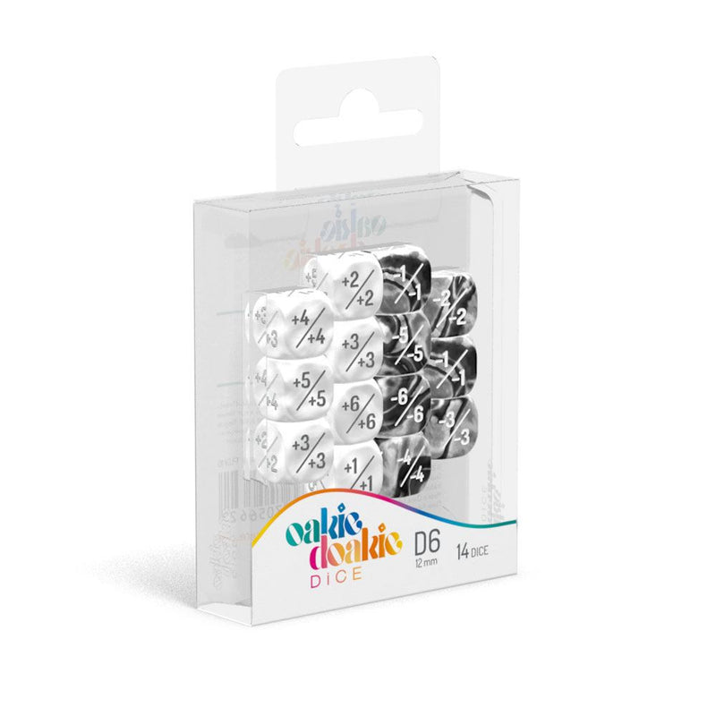 Oakie Doakie Dice D6 Dice 12 mm Marble/Gemidice Positive & Negative - White (14) - Oakie Doakie Dice