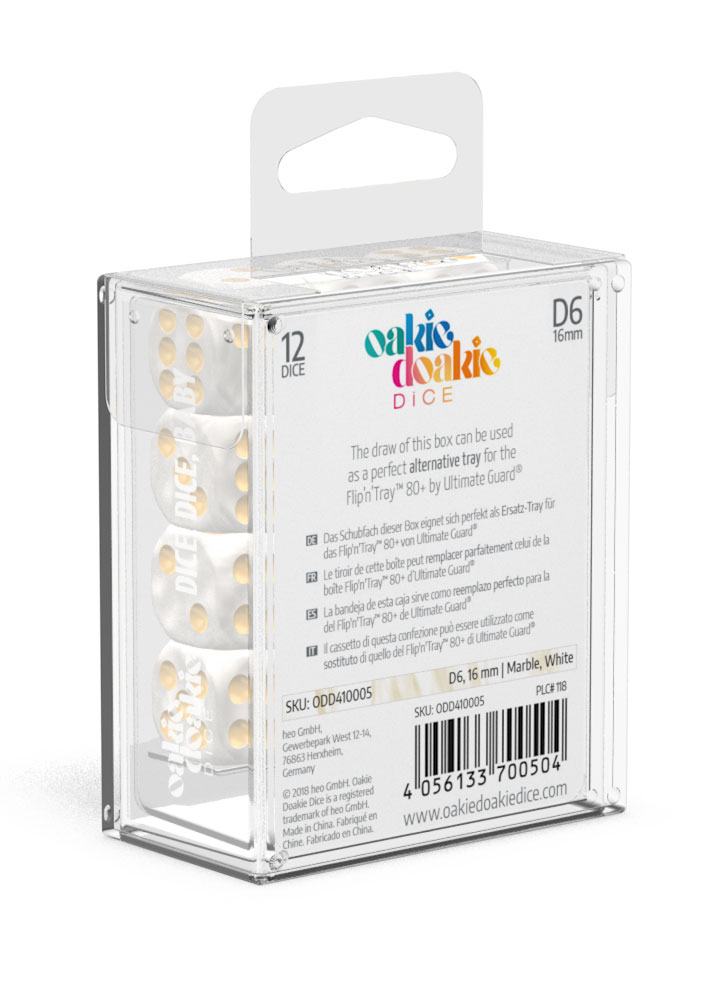 Oakie Doakie Dice D6 Dice 16 mm Marble - White (12) - Oakie Doakie Dice