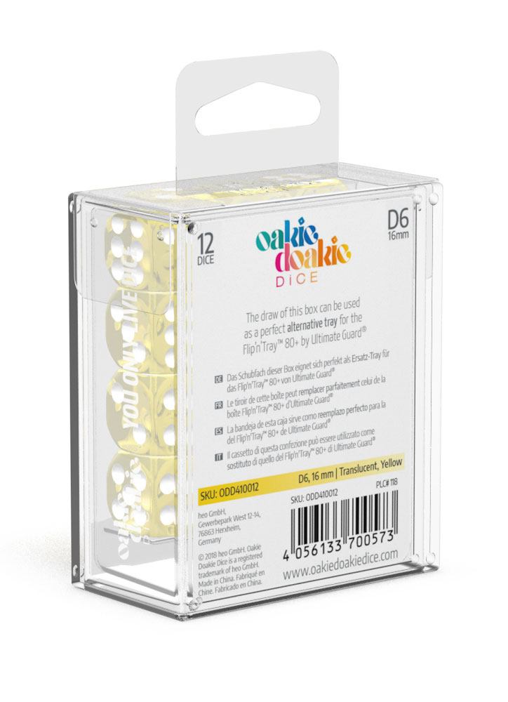 Oakie Doakie Dice D6 Dice 16 mm Translucent - Yellow (12) - Oakie Doakie Dice